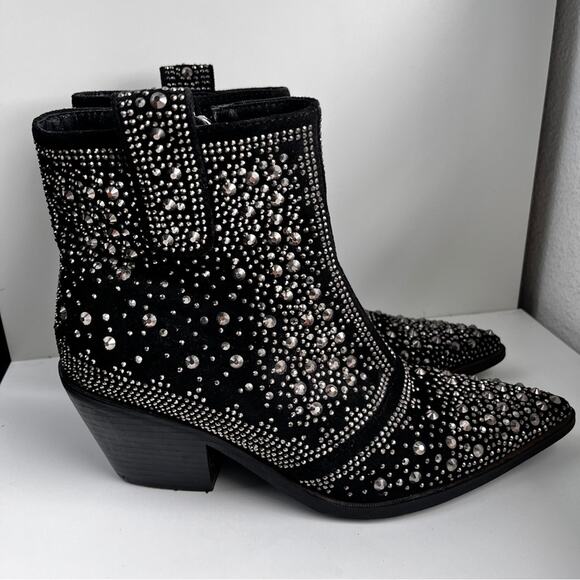 ISNOM Black Studded Rhinestone western Ankle Boots size 7 - Picture 2 of 13